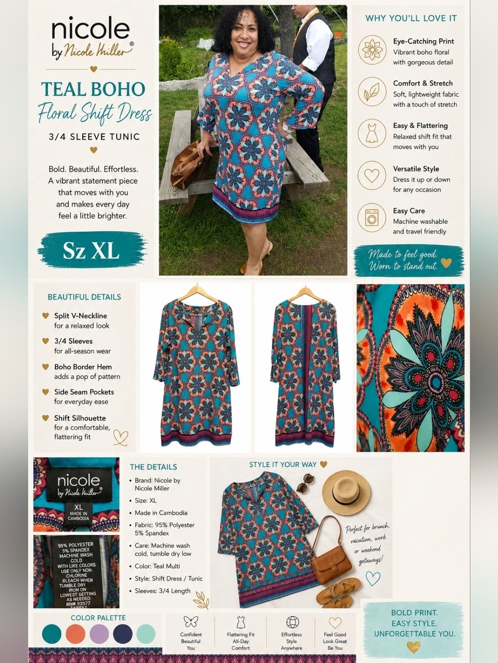 Sz XL Nicole by Nicole Miller Teal Boho Floral Shift Dress 3/4 Sleeve Tunic